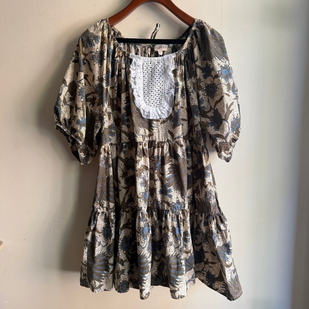 Wiggy Kit Mini Popper Paisley Print Tiered Mini Dress Lace Bib Brown Blue Large
